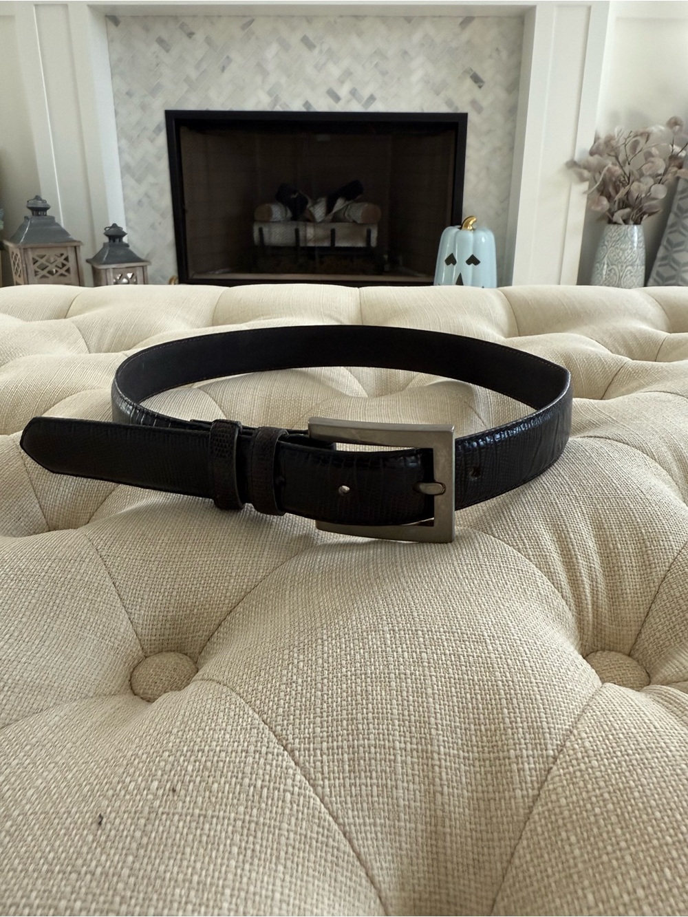 Classic Black Leather Belt with Brushed Metal Buckle